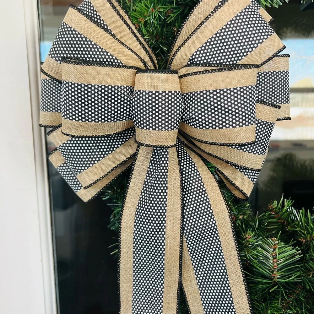 Elegant Black and Tan Polka Dot Holiday Easter Spring Summer Bow for Wreath